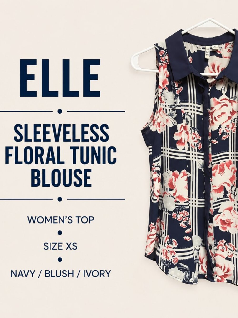 Elle Size XS Navy & Pink Floral Sleeveless Collared Tunic Blouse